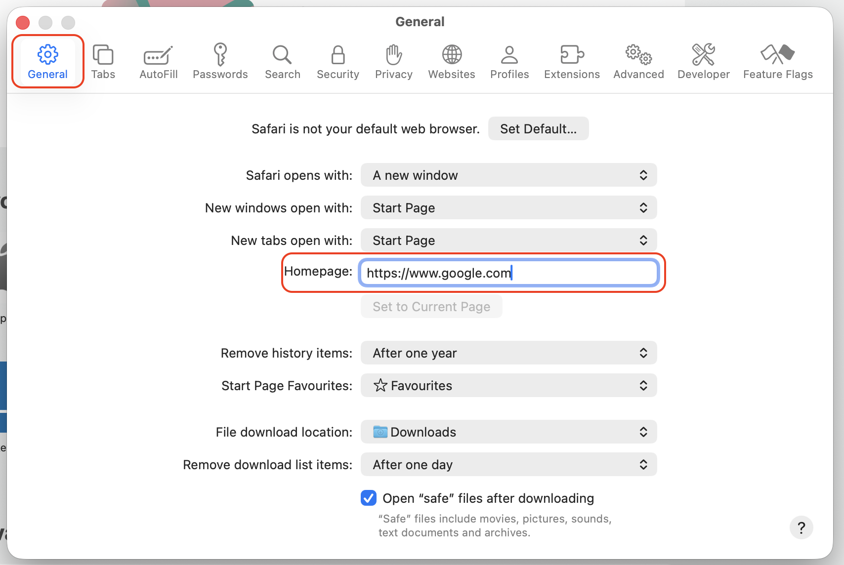 Safari General settings tab on an iMac showing the Homepage field where the correct start page is confirmed after Chromium tampering.