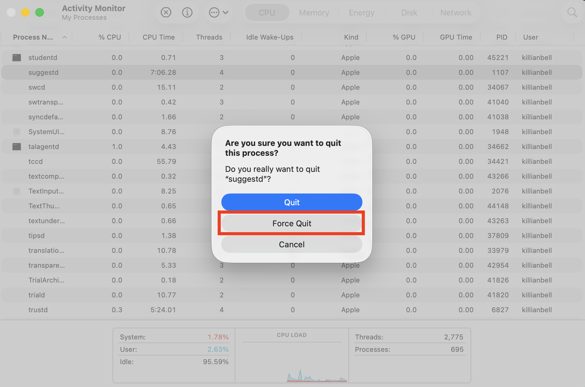 The Force Quit confirmation prompt in Activity Monitor on Mac. Try force quitting the suggestd process on Mac when the process takes up too much CPU and RAM and slows down your computer.