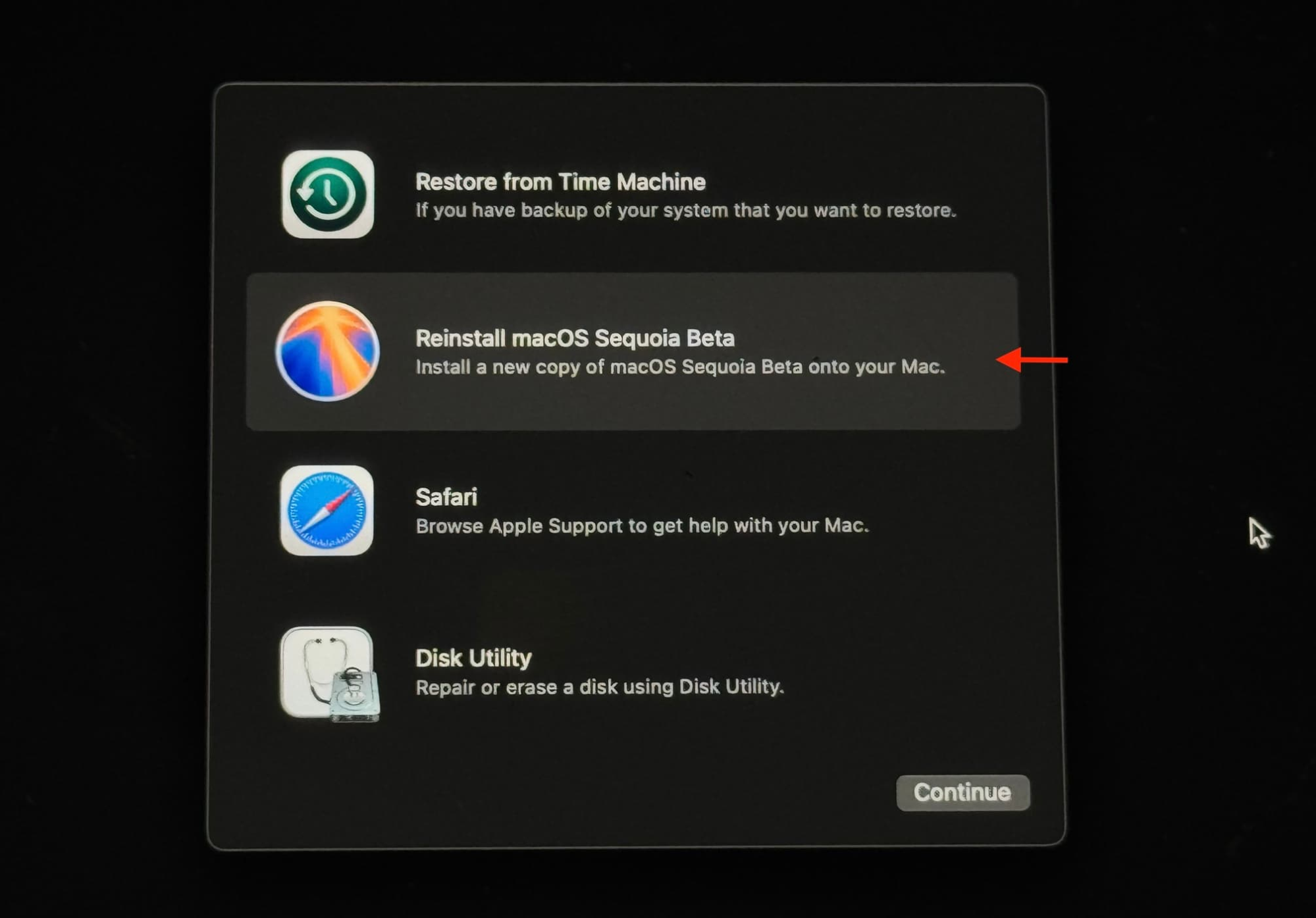 Select Reinstall macOS from the Recovery window and follow the on-screen instructions to proceed with the operating system installation.