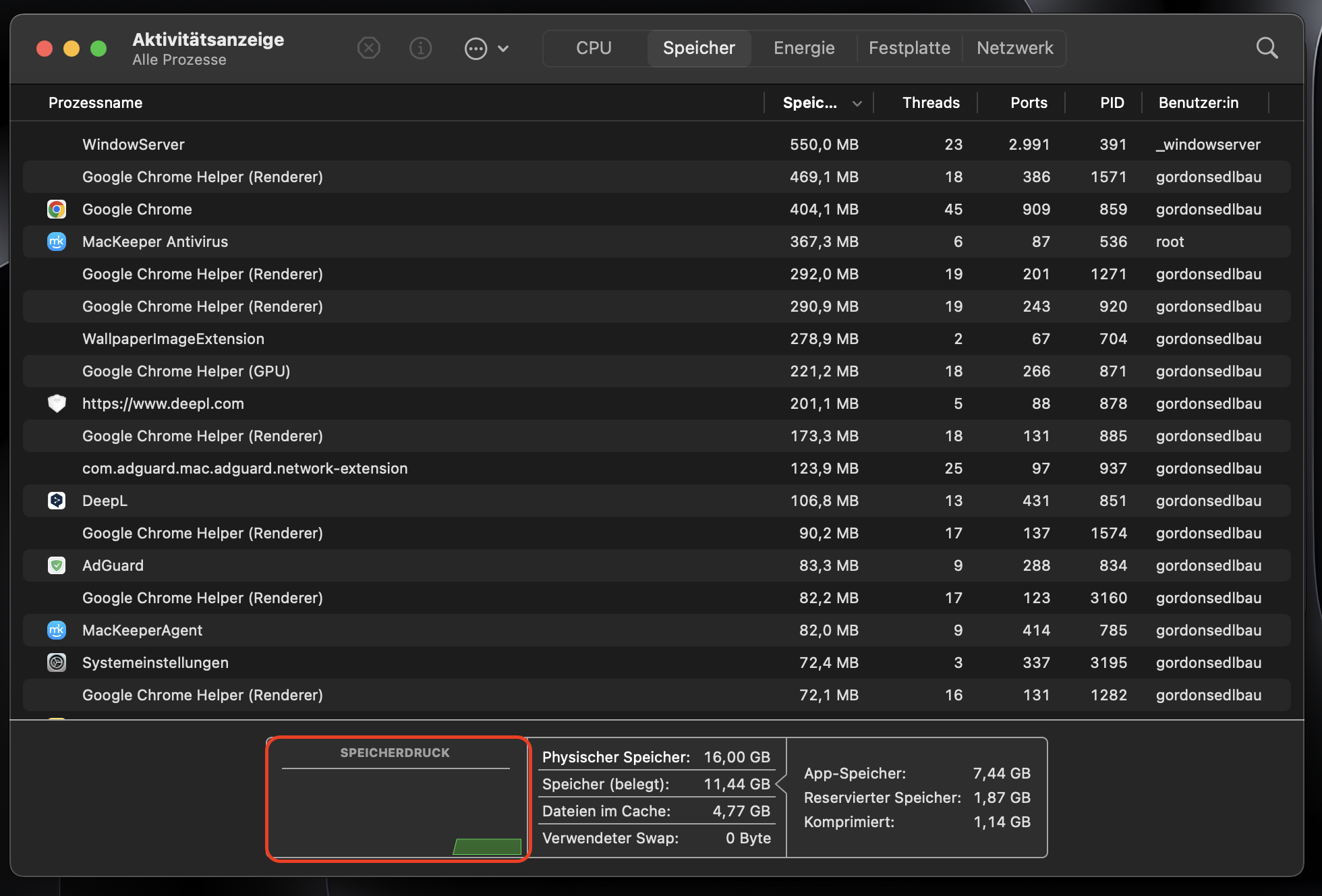 Überprüfen Sie die Registerkarte Speicherdruck. Wenn sie grün ist, verfügen Sie über ausreichend RAM.