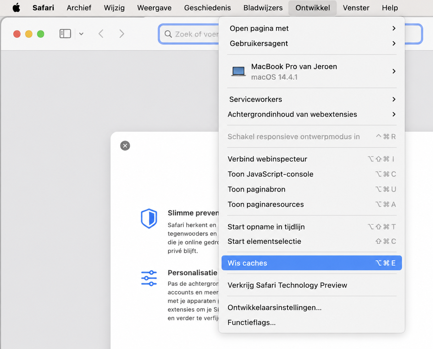 Safari met het menu ‘Ontwikkel’ geopend en ‘Lege caches’ gemarkeerd. Dit maakt deel uit van een handleiding over hoe je Safari wist en reset om valse McAfee pop-ups op een Mac te stoppen.