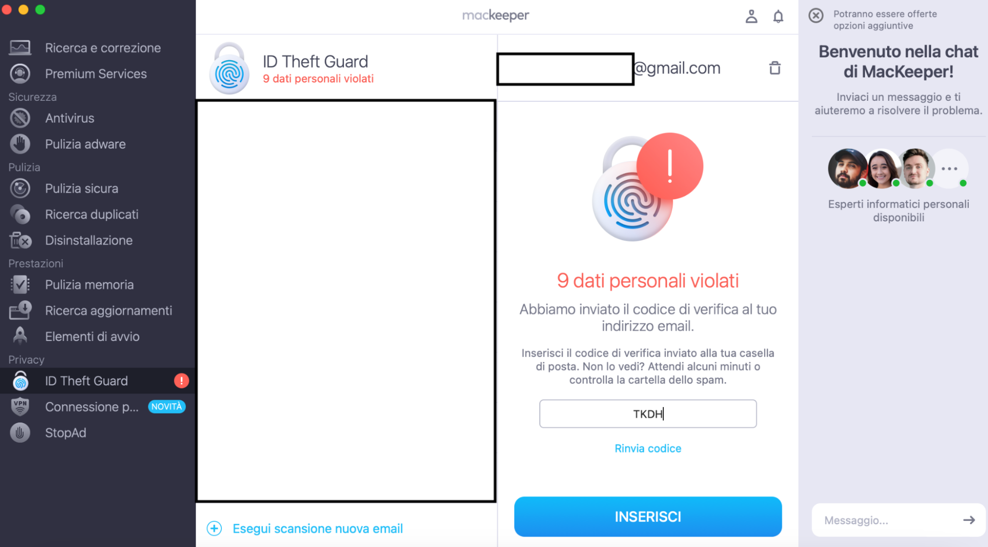 MacKeeper su Mac mostra l'ID Theft Guard. Incollate nella casella il codice di verifica inviato al vostro indirizzo e-mail, quindi fate clic su Invio.