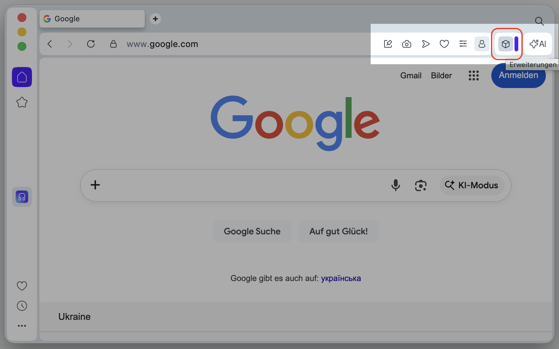 Opera für Mac mit hervorgehobener Schaltfläche für Erweiterungen (Würfel). So entfernen Sie Erweiterungen, als Teil einer Anleitung, wie man gefälschte McAfee-Pop-ups auf dem Mac blockieren kann.