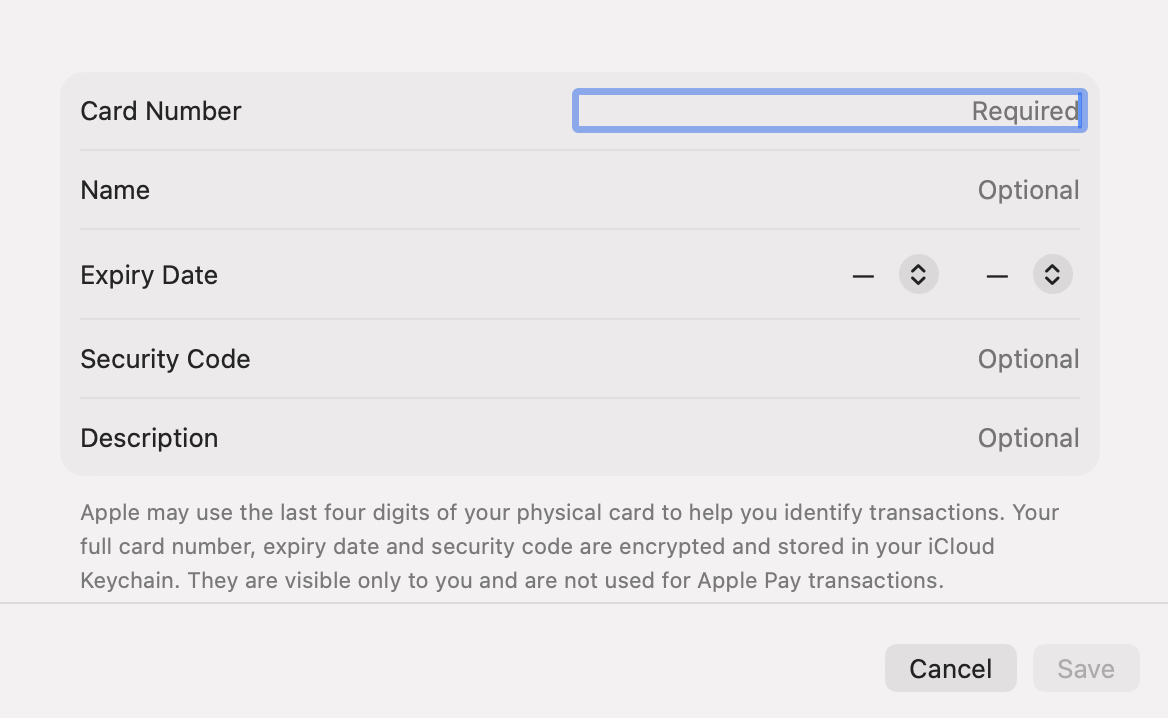 The add-card window in Safari AutoFill on a MacBook, entering your card number, expiration date, and name for iCloud Keychain to save.