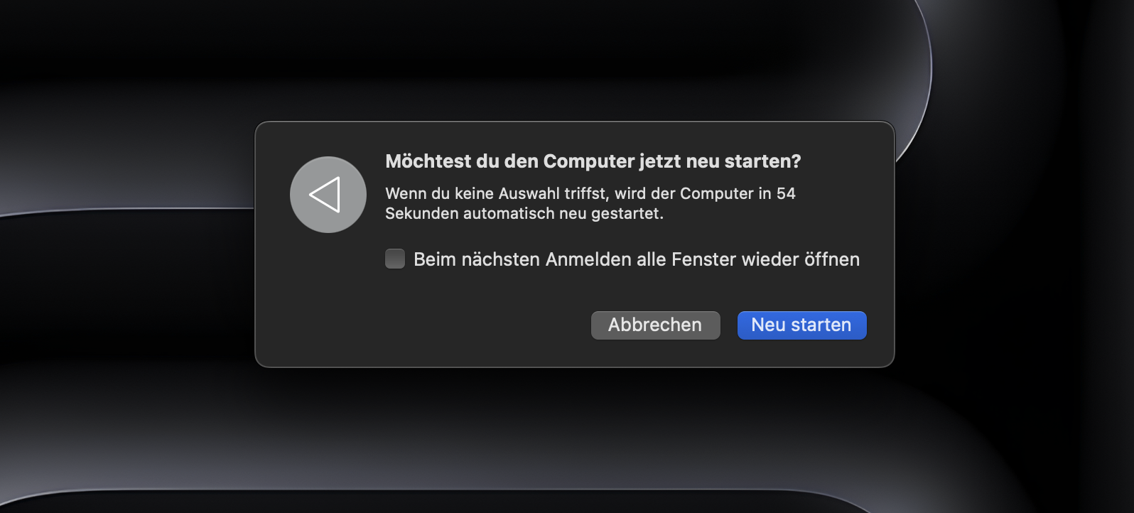 Klicken Sie in einem Popup-Fenster auf Neu starten, um Ihren Mac neu zu starten. Wenn der Mac wieder eingeschaltet ist, öffnen Sie Chrome erneut.