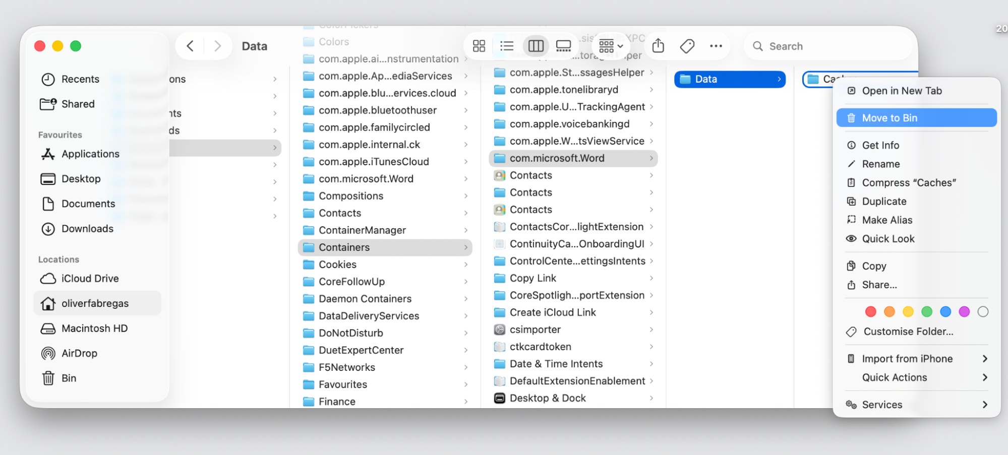 Finder Containers folder on macOS showing com.microsoft items whose Data Caches you delete to clear the Office cache on a MacBook.