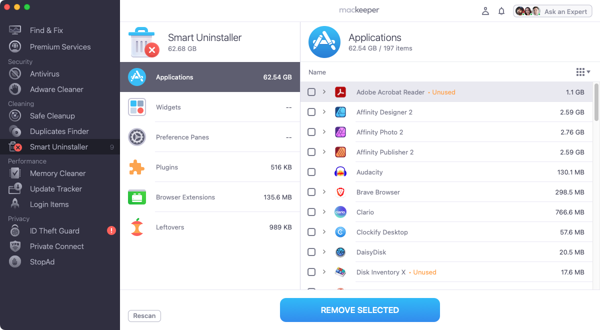 When the scan is finished, look through each section, and select anything you want to remove. Click Remove Selected.