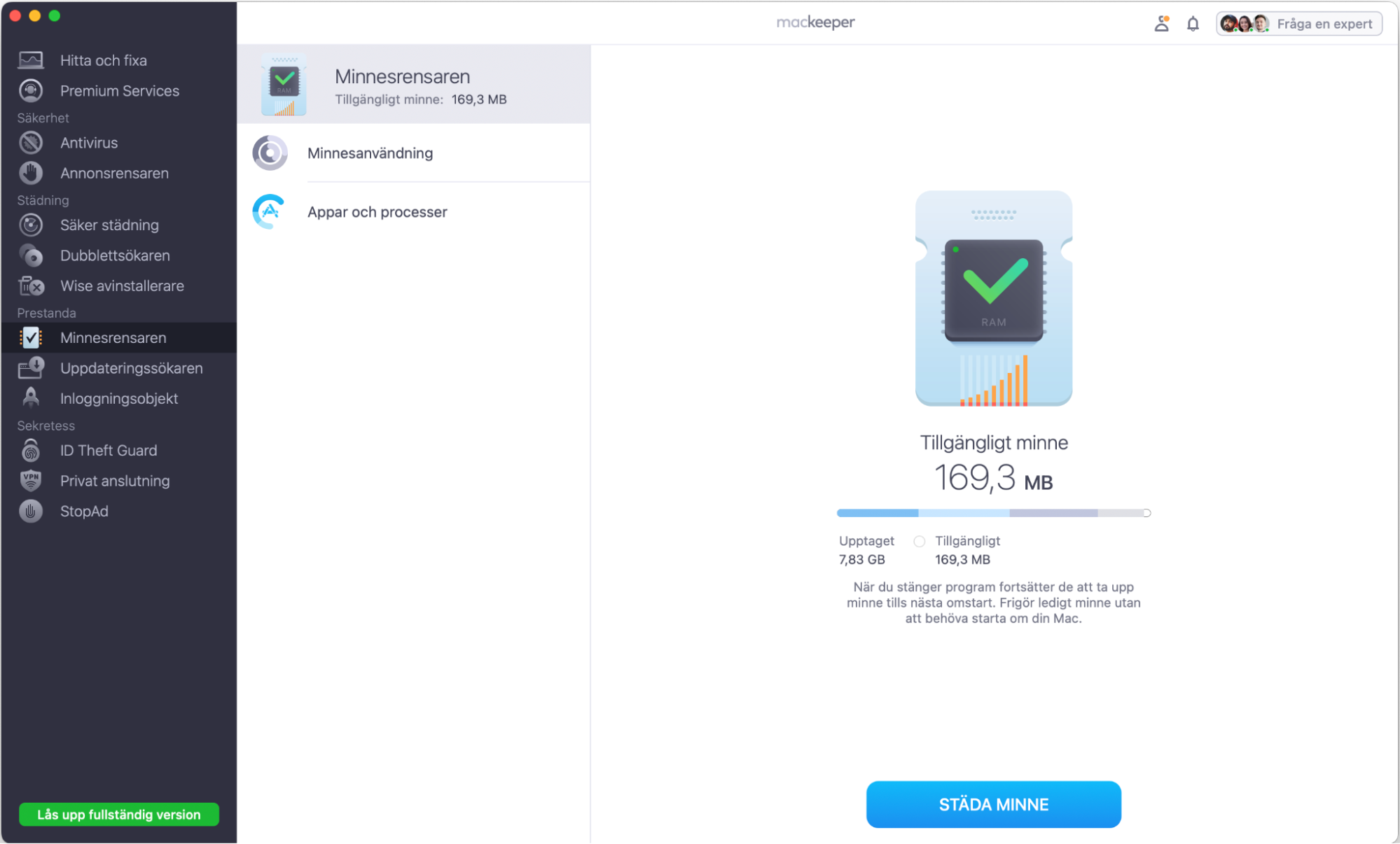 För att frigöra programminne och undvika appkrascher, öppna MacKeeper och välj Minnesrensaren i sidomenyn. Klicka sedan bara på Städa minne så rensas ditt RAM-minne på några sekunder.