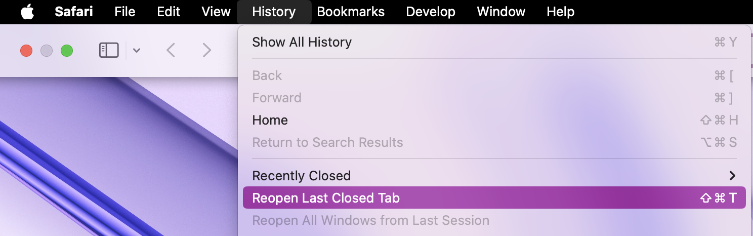 After clicking on the History tab in Safat, a drop-down menu will appear. From here, you can decide which window or tab you want to reopen.