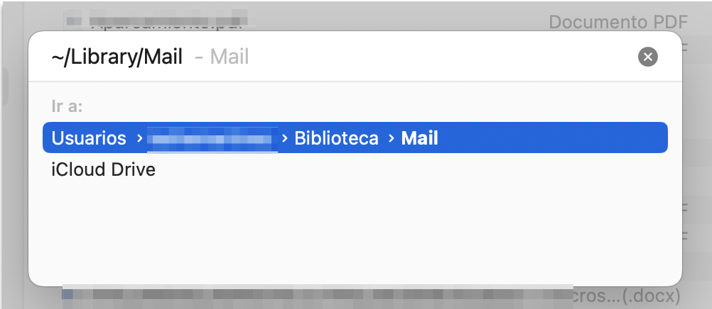 El campo Ir a la carpeta en el Finder de Mac. La ruta ~/Library/Mail se muestra. Paso dos de la guía para borrar el caché de mail en Mac manualmente.