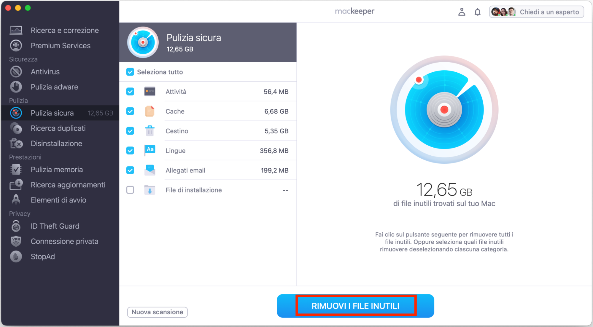 Per liberare spazio sul tuo Mac, rimuovi i file inutili con Pulizia Sicura di MacKeeper. Questo può aiutare con il problema di iCloud Drive che occupa spazio sul Mac.