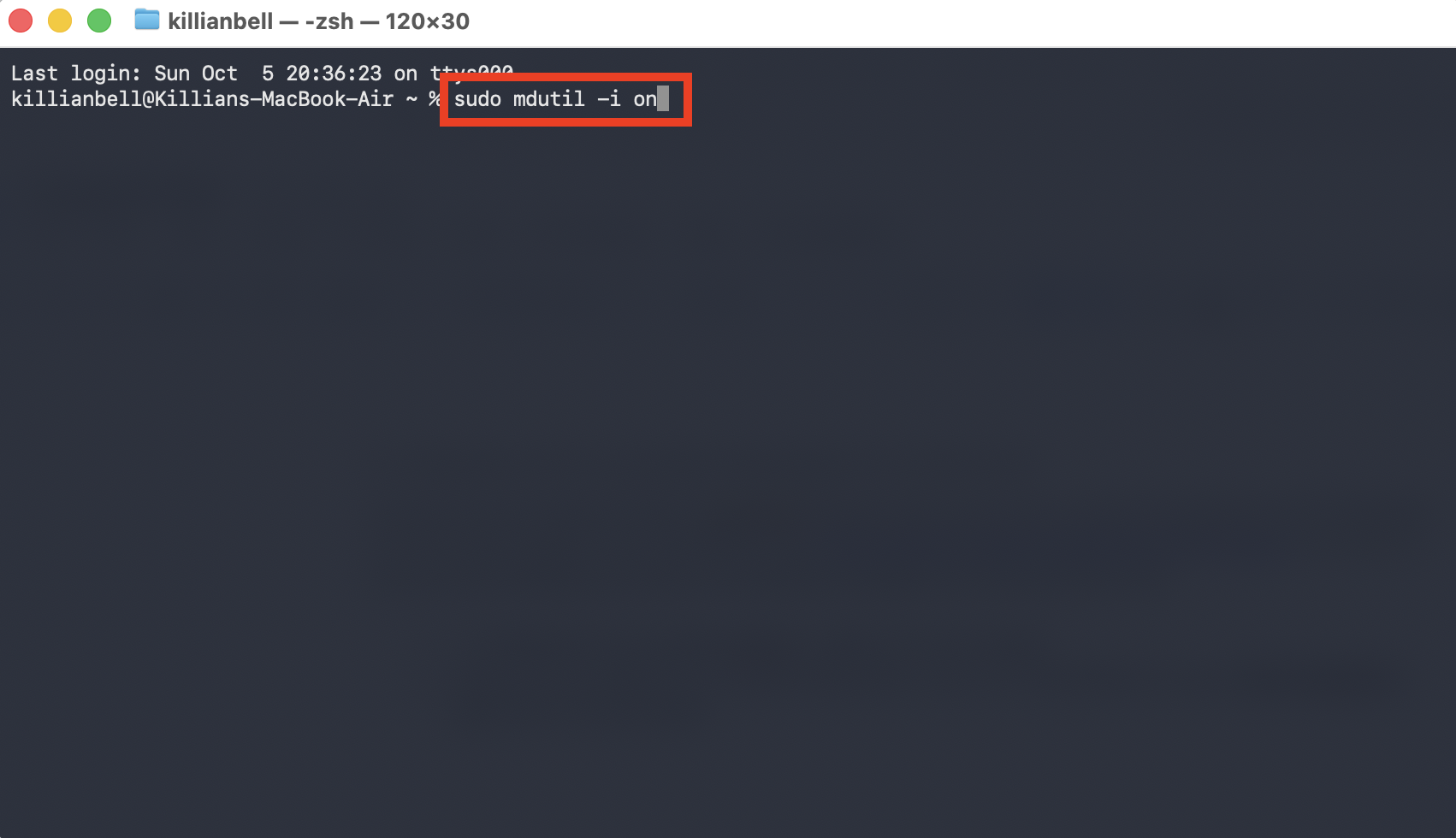Terminal on Mac showing a command that re-enables Spotlight. When you encounter issues with the spotlightd process on Mac, you can try disabling and then re-enabling Spotlight to refresh it.