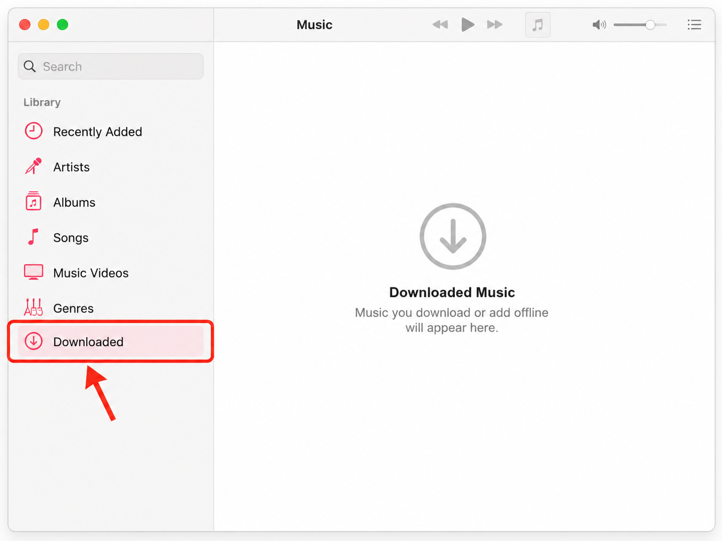 Apple Music app on macOS with the Downloaded section highlighted in the sidebar to review and remove downloads freeing disk space on Mac.