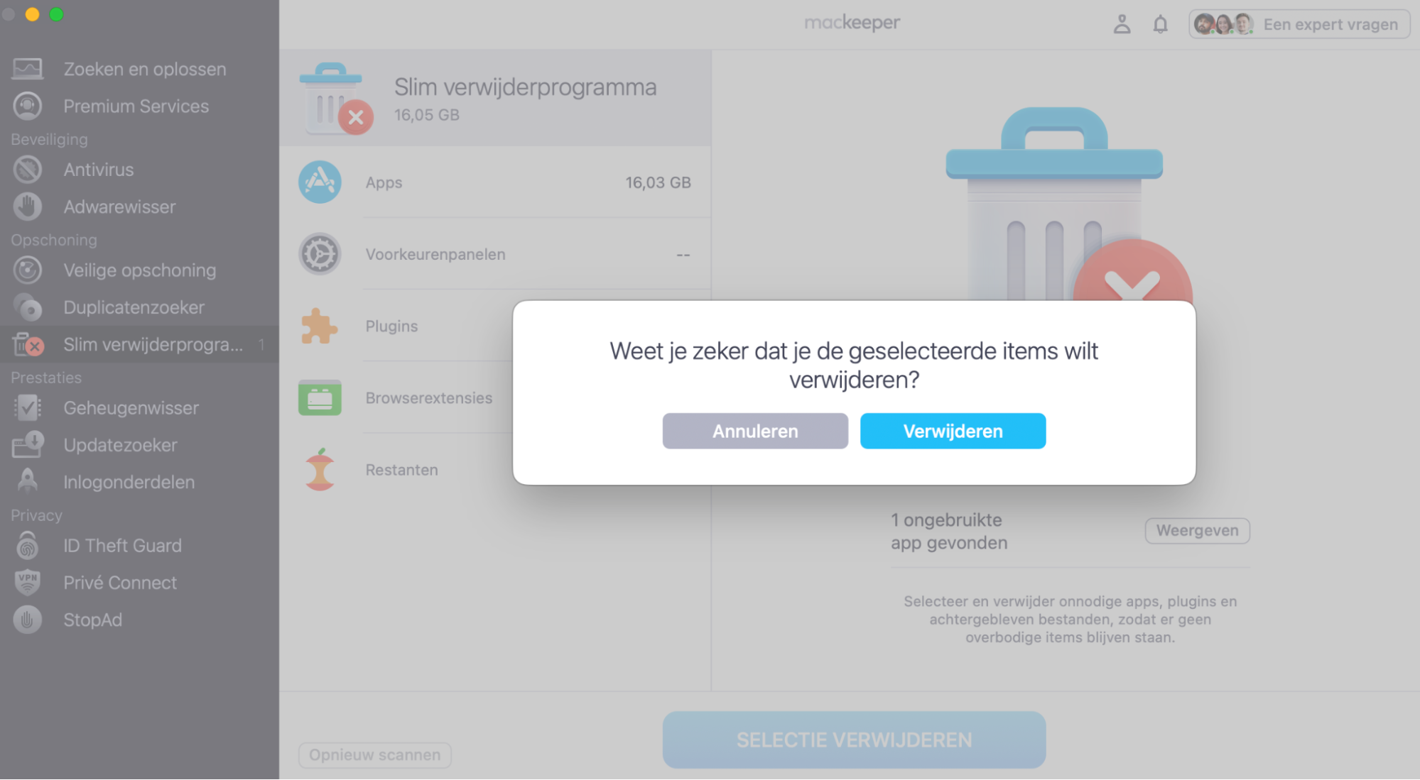 Je moet je actie bevestigen door op de knop Verwijder te klikken, want zodra MacKeeper je Mac heeft opgeschoond, kun je deze bestanden niet meer terughalen. Controleer daarom zorgvuldig alles wat je hebt geselecteerd en klik pas opnieuw op Verwijder wanneer je zeker weet dat je de verwijdering wilt bevestigen.