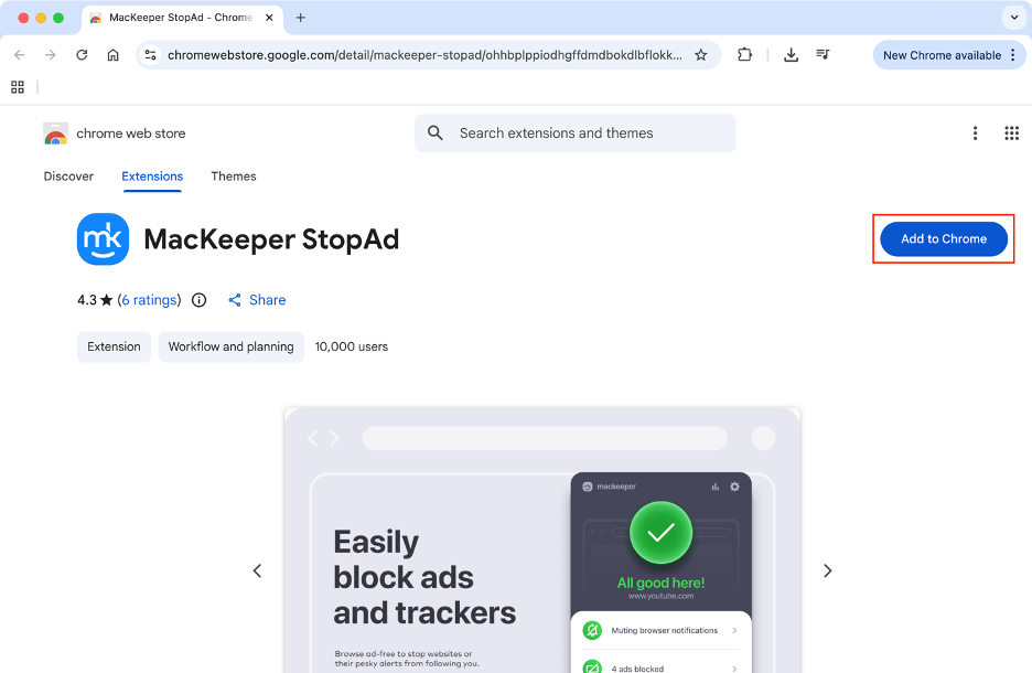 To prevent pop-up alerts on your Mac, follow the instructions on your browser to add the MacKeeper StopAd extension.