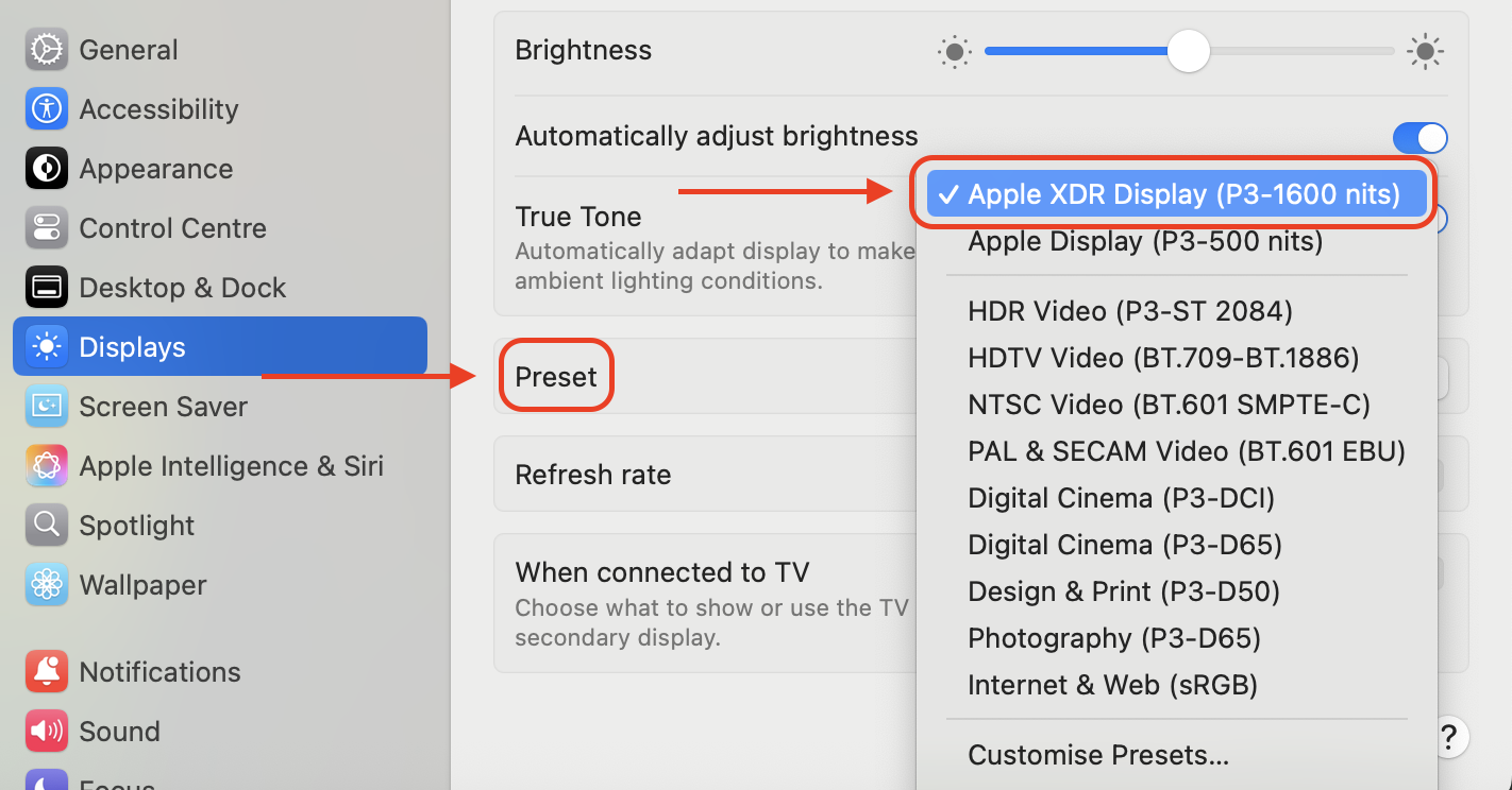 Click the drop-down menu under Preset in the Displays settings and select the default option to restore your Mac’s original display configuration.