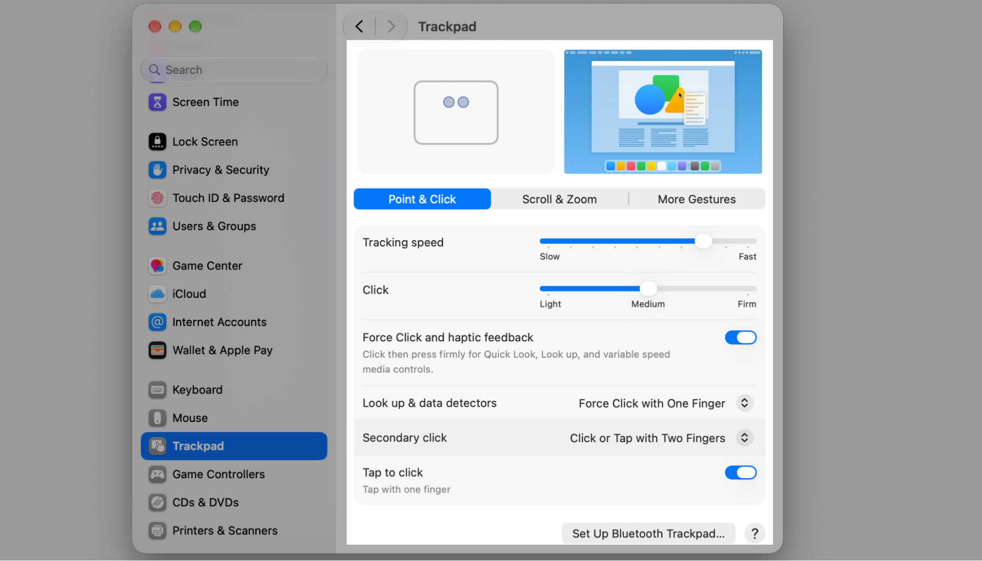 Trackpad pane in macOS System Settings with Point & Click open, showing Tracking speed, Click firmness, and Tap to click on a MacBook.