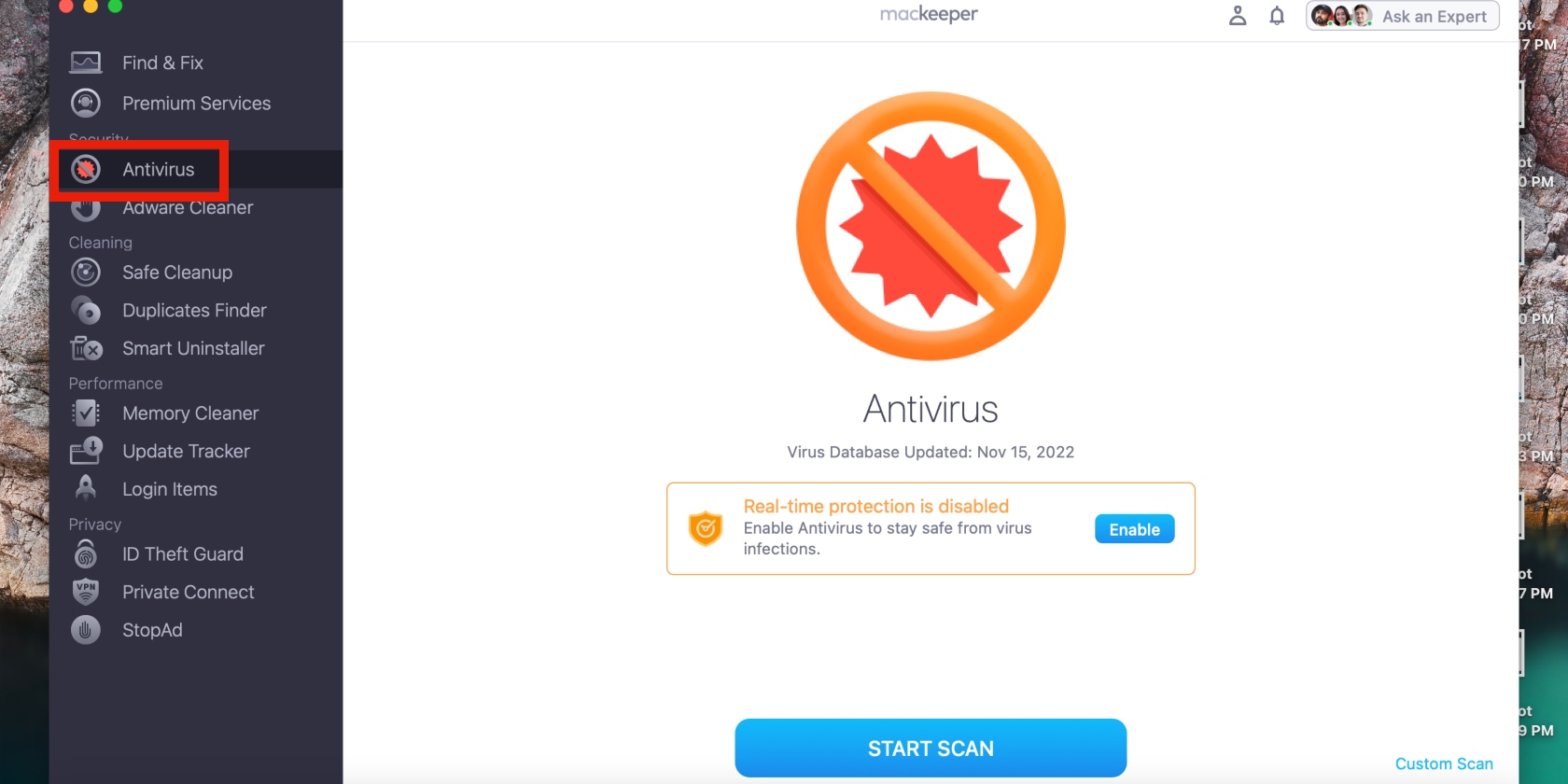 You can use antivirus software to delete the Automator virus from your Mac automatically. To do it with MacKeeper, open the app and click on Antivirus in the sidebar. Enable real-time protection and hit the Start Scan button.