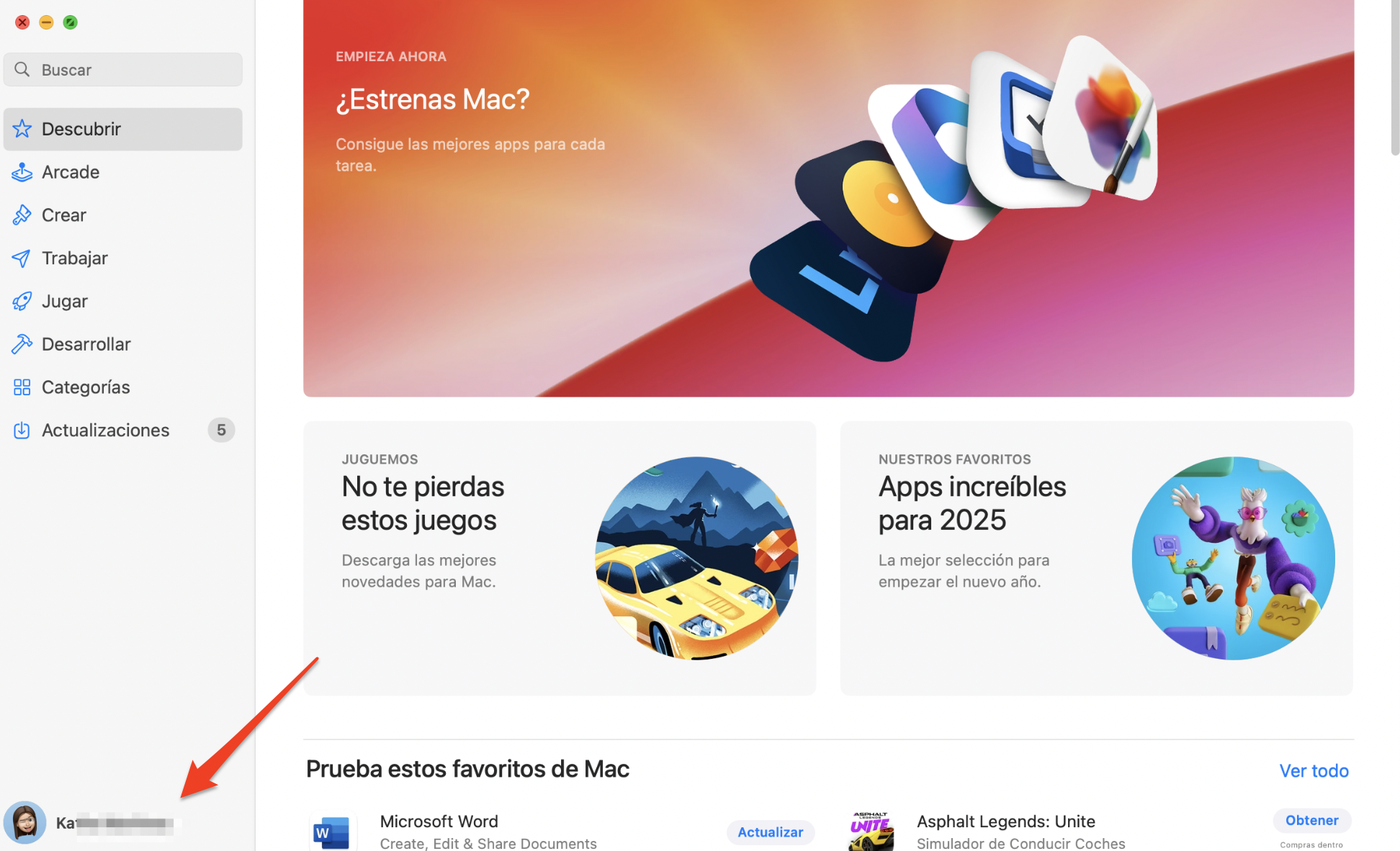 El App Store en Mac mostrando la pantalla Descubrir. Haz clic en tu nombre o inicia sesión para acceder a tu cuenta del App Store y migrar aplicaciones a tu nuevo Mac sin utilizar el Asistente de Migración. El App Store en Mac mostrando la pantalla Descubrir. Haz clic en tu nombre o inicia sesión para acceder a tu cuenta del App Store y migrar aplicaciones a tu nuevo Mac sin utilizar el Asistente de Migración.