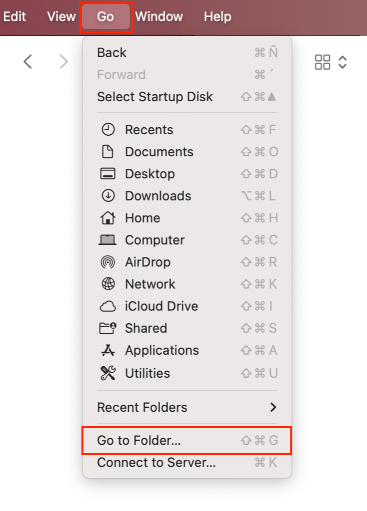 To delete WhatsApp additional files, open Finder on your Mac, click Go in the menu bar, then select Go to Folder.