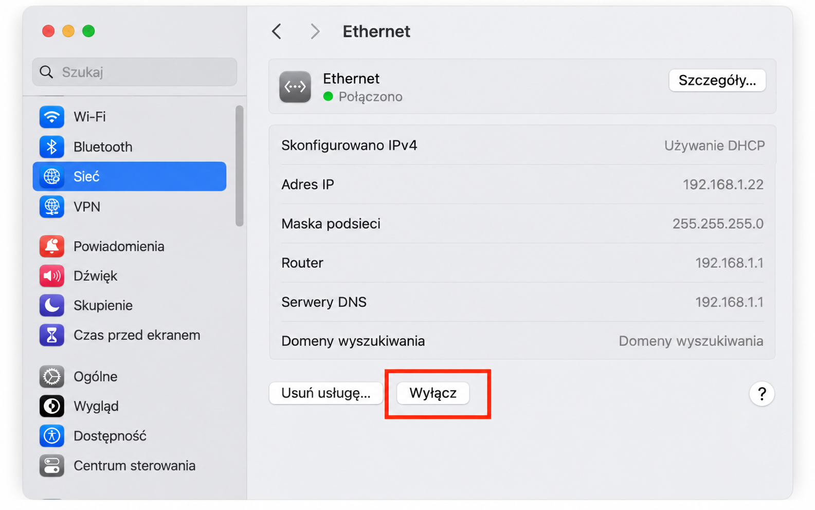 Aby wyłączyć Ethernet, kliknij przycisk Wyłącz. Aby ponownie włączyć połączenie, kliknij przycisk Włącz.