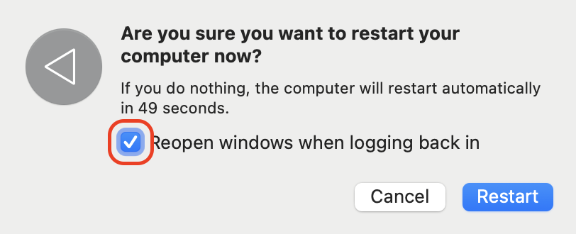 Deselect the Reopen windows when logging back in checkbox to ensure a fresh start and prevent glitchy apps from relaunching.