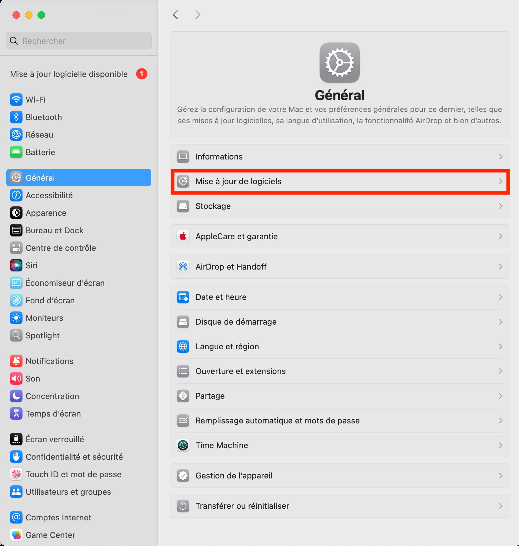 Cliquez ensuite sur Général dans la barre latérale. Choisissez Mise à jour de logiciels. Si une mise à jour est disponible, cliquez sur Mettre à jour cette nuit puis sur Redémarrer pour la télécharger et l'installer.