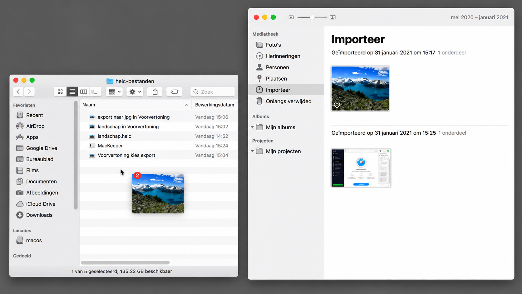 Converteer eenvoudig je afbeeldingen van HEIC naar JPG door ze te importeren in de Foto’s-app. Vanaf hier kun je ze dan slepen en neerzetten in Finder. Ze worden dan automatisch JPG-bestanden.