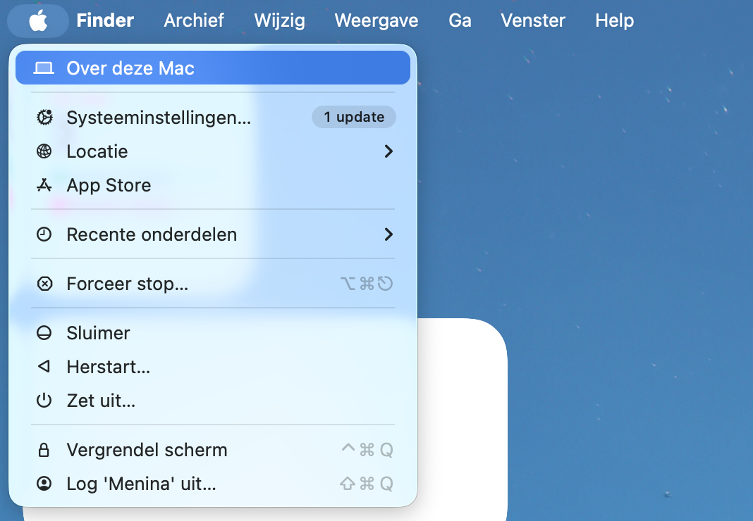 Om rommelbestanden te verwijderen, ga je naar het Apple-menu > Over deze Mac.