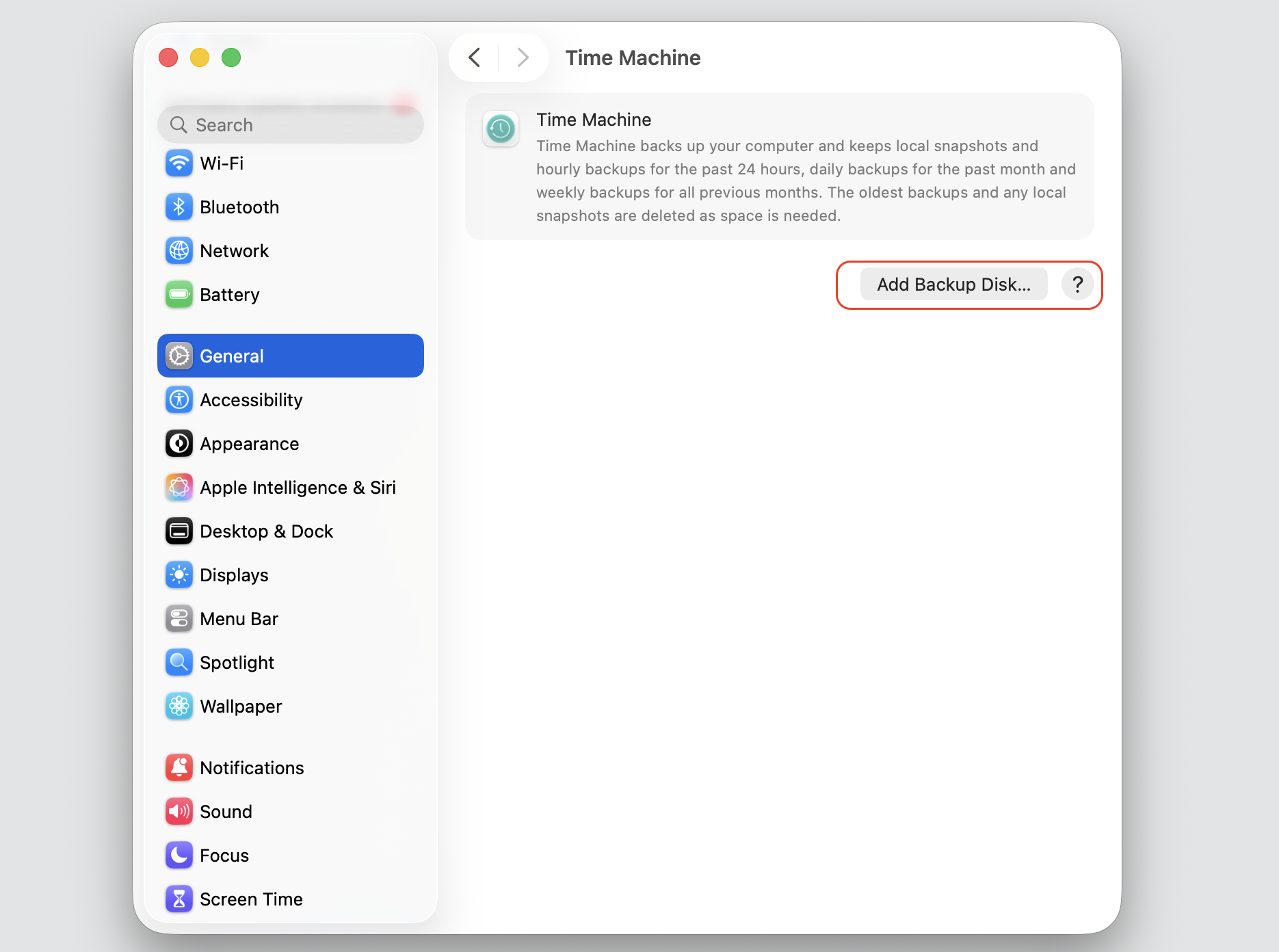 System Settings Time Machine pane on a Ventura Mac with the Add Backup Disk button highlighted to choose an external drive.