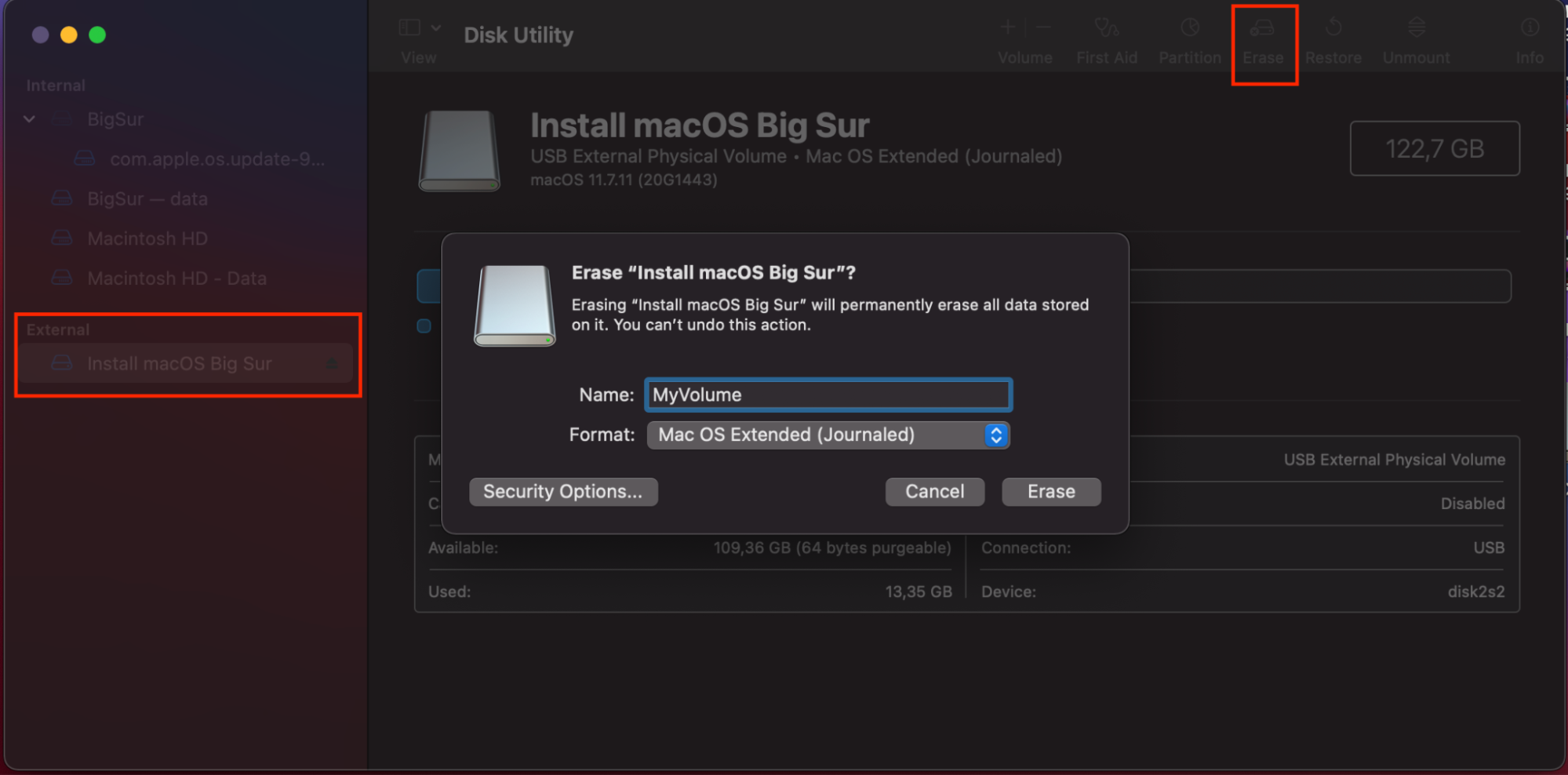 Now, choose your startup disk (usually Macintosh HD) and click Erase. Select APFS as the format.