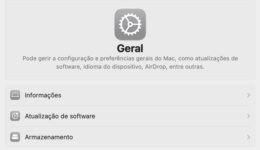 No separador Geral, verá uma seção chamada Armazenamento. Clique nessa opção para verificar quanto espaço os Dados do Sistema estão a consumir no seu Mac.
