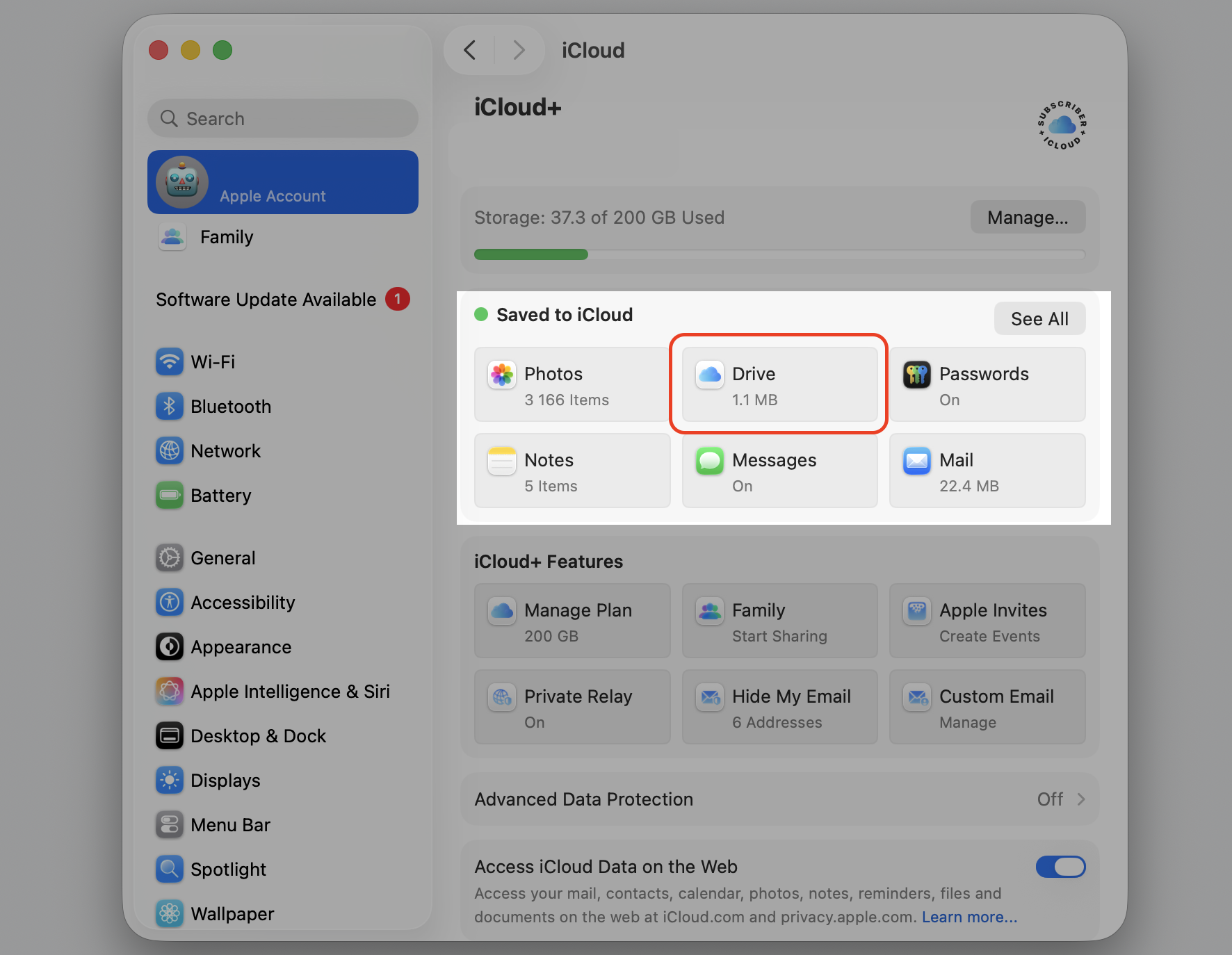 iCloud settings on a Mac with Drive selected, the section that controls Desktop and Documents syncing behind slow macOS Tahoe saves.