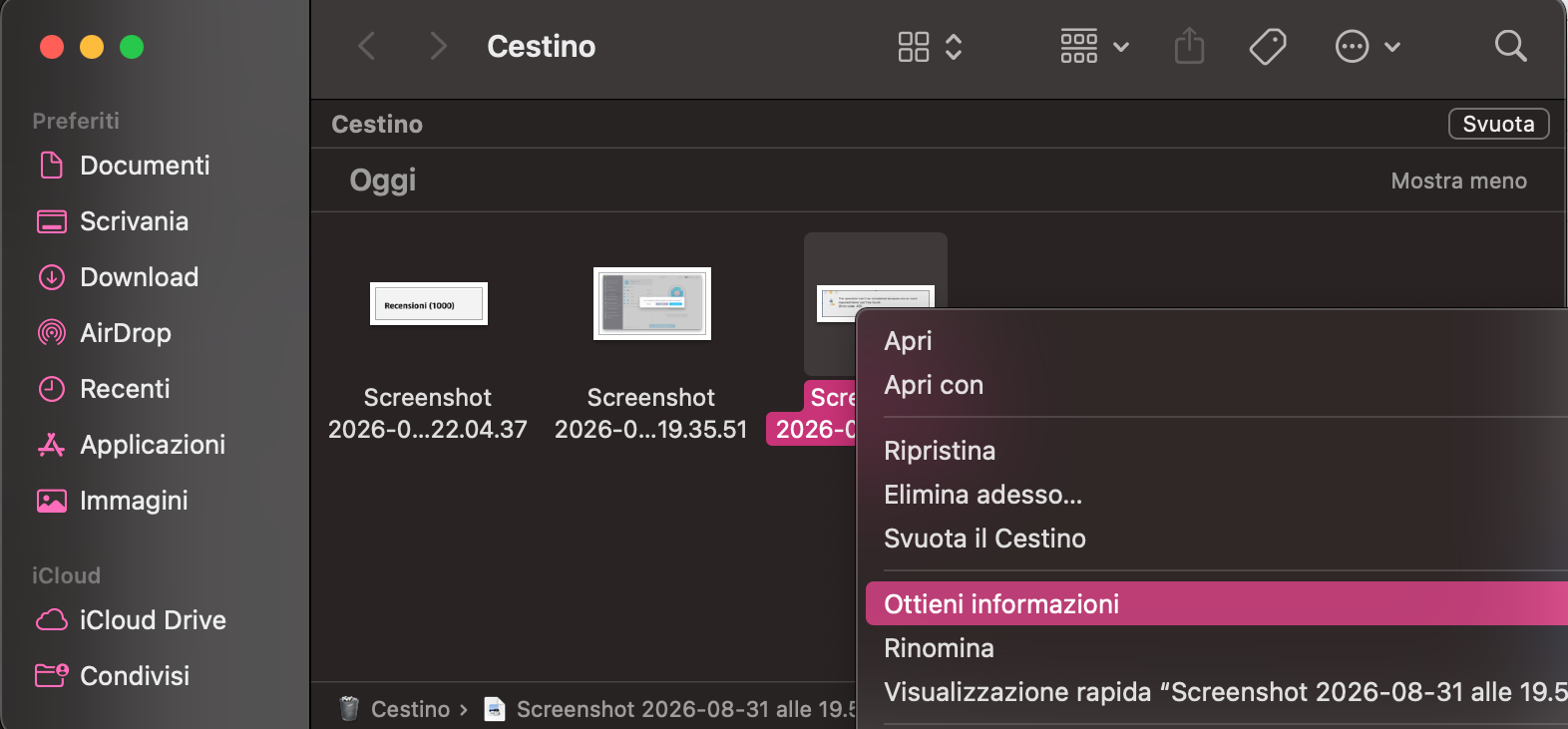 Il passaggio successivo se non riesci a svuotare il cestino sul Mac è provare a sbloccare i file che non si possono eliminare. Vai sul Cestino e seleziona Ottieni informazioni.