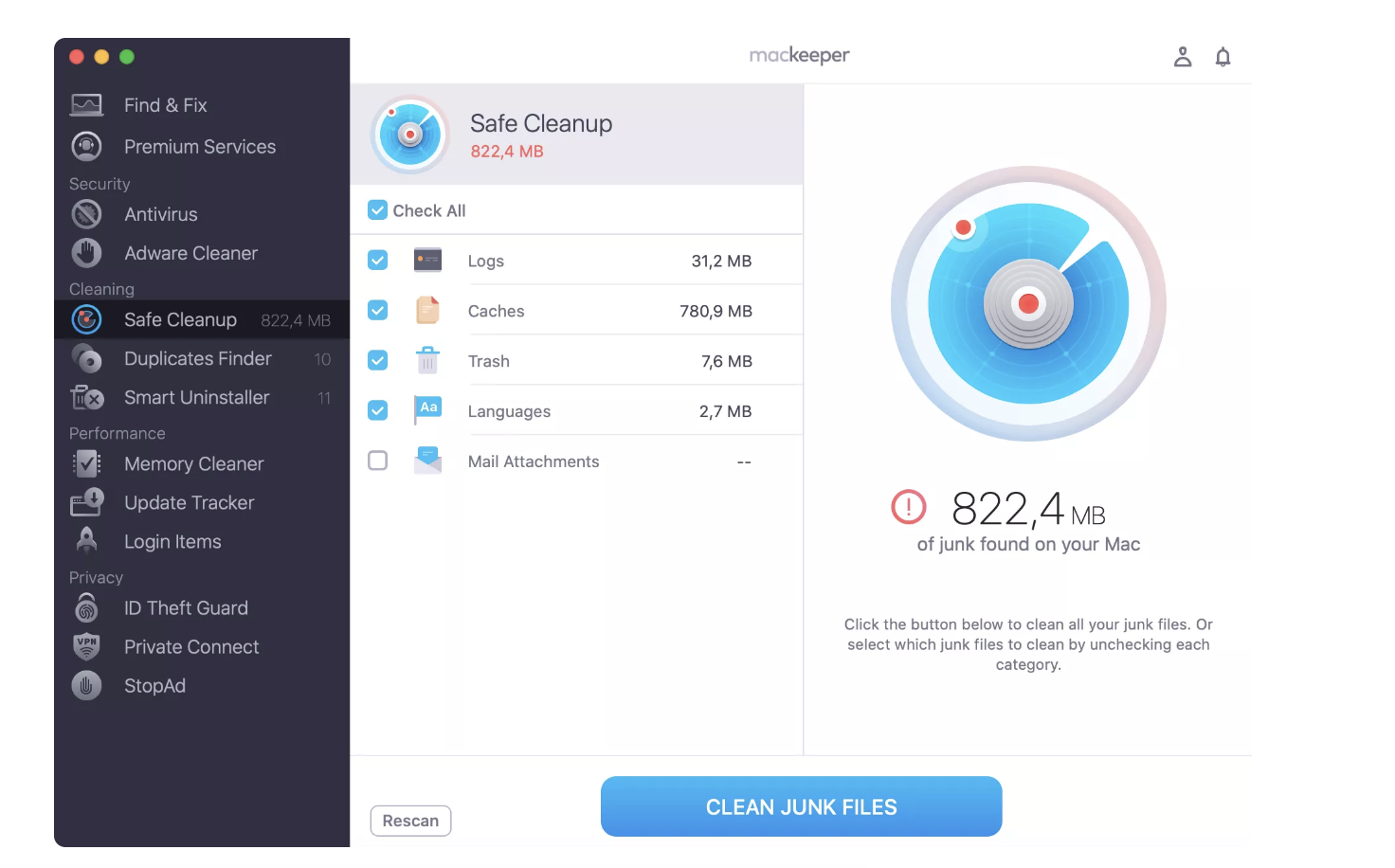 Keep your Mac performing as it should with MacKeeper's Safe Cleanup tool, which quickly removes unneeded files. Select Cleaning > Safe Cleanup, before ticking all of the categories and tapping Clean Junk Files.
