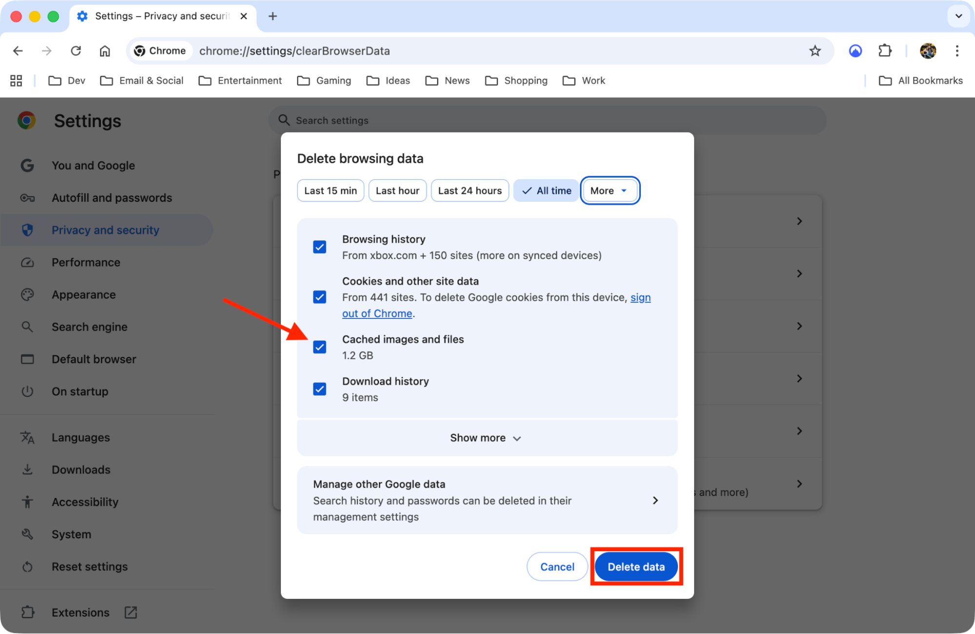 The option to delete cached images and files inside Google Chrome on Mac. Use this when you want to clear the Google Drive cache on macOS to fix issues.