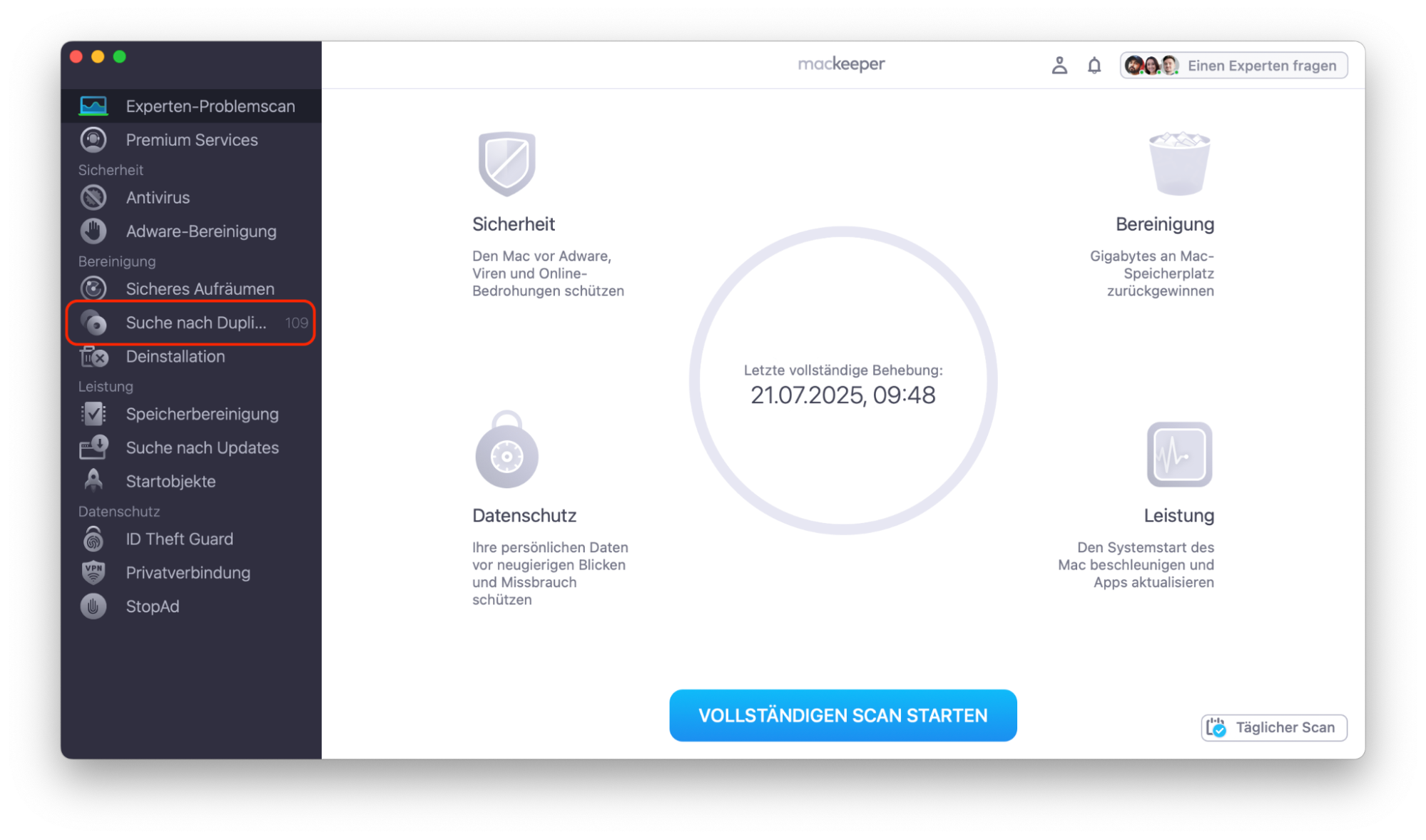 Die MacKeeper-App zeigt die Funktion Suchen nach Duplikaten an, die bereit ist, das Gerät nach Duplikaten zu durchsuchen.