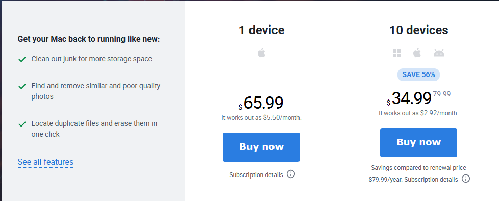 AVG Cleaner for Mac offers premium versions with all cleaning and optimization features available, which costs $ 65.99 for the first year ($ 5.50 per month).