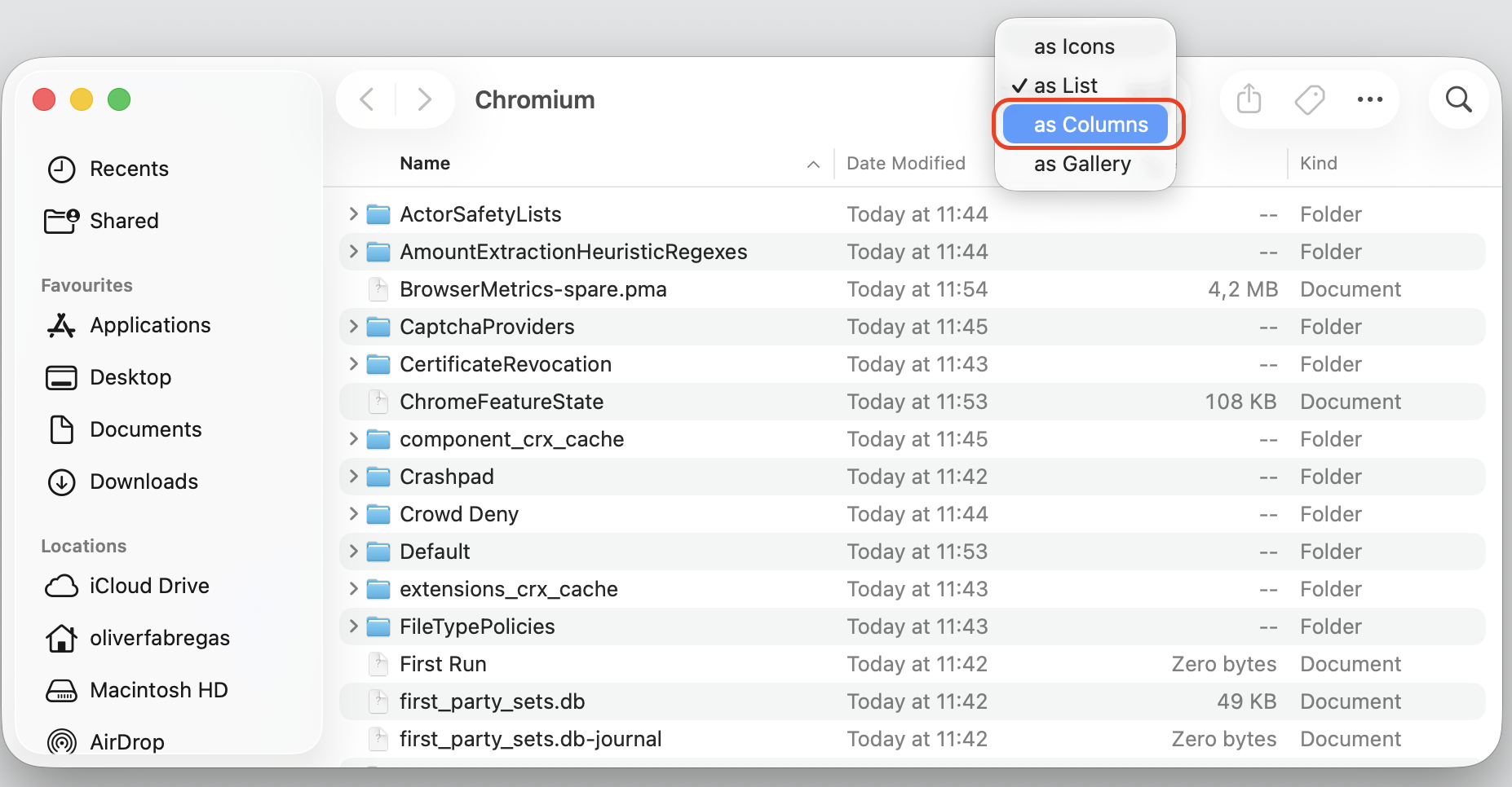 Finder view options menu open on an Apple computer with the As Columns layout selected to display the full path to Chromium folders.