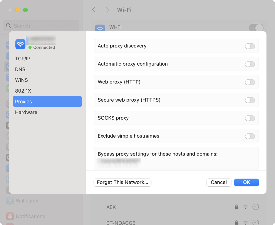 To end conflicts with iCloud Private Relay on your Mac, go to the Proxies tab and disable all toggles.