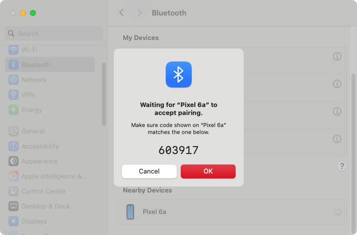If you're pairing the devices for the first time, you'll need to confirm the process on your Mac and your Android device. Should you unpair them in the future, you'll need to repeat this process.
