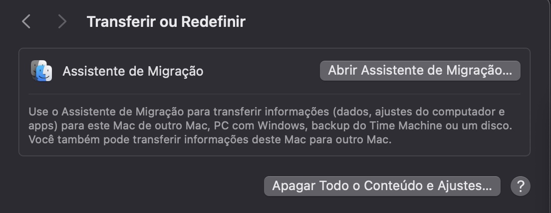 A página Transferir ou Redefinir está aberta nos Ajustes Gerais do Mac. Selecionar a opção permite aos usuários formatar o Mac para as configurações de fábrica.