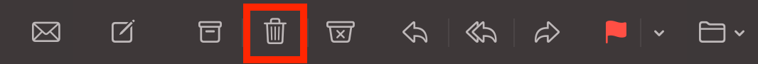 La barra dei menu dell'applicazione Mail di macOS con l'icona del cestino evidenziata. Come eliminare la cache di Mail su Mac: svuotare il Cestino con la barra degli strumenti.