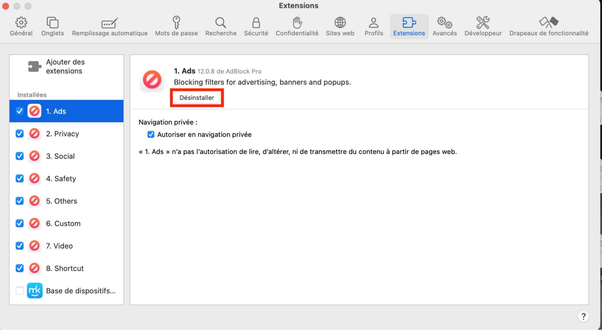 Réglages des extensions de Safari, avec une extension ouverte et l’option Désinstaller mise en surbrillance. Comment supprimer des extensions : guide pour bloquer les fausses alertes McAfee sur Mac.