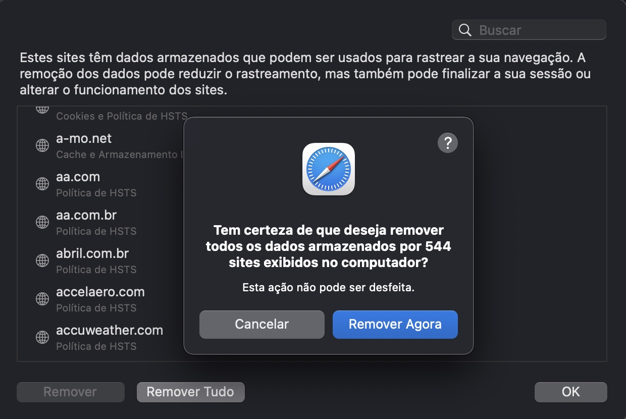 Uma janela popup do macOS perguntando se todos os dados de sites devem ser removidos do Safari. Clique em Remover Agora para redefinir o navegador para as configurações padrão.