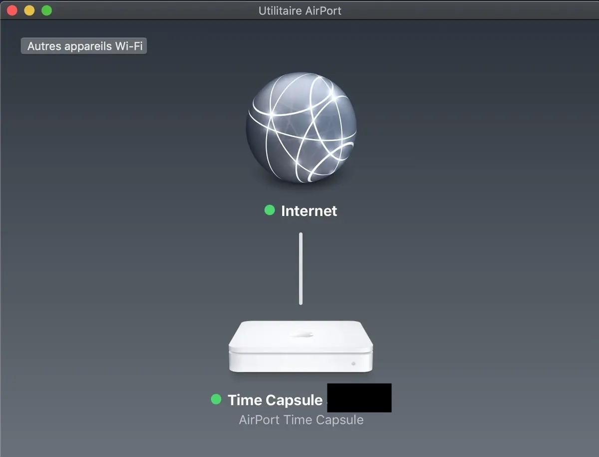 Si votre Time Capsule est activée et connectée à votre réseau, elle devrait apparaître dans l’Utilitaire Airport, que vous pouvez trouver depuis Applications > Utilitaires. Si votre Time Capsule est activée et connectée à votre réseau, elle devrait apparaître dans l’Utilitaire Airport, que vous pouvez trouver depuis Applications > Utilitaires.