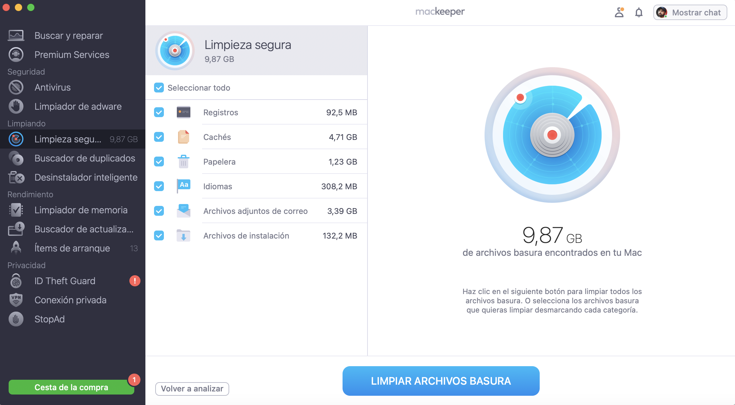 Cuando los resultados del análisis estén listos, selecciona los tipos de datos que deseas eliminar y haz clic en el botón Limpiar archivos basura.