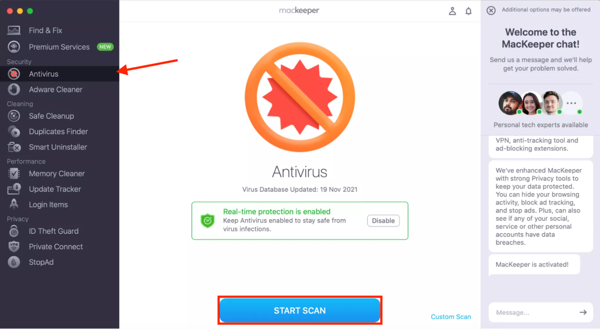 The Antivirus tool built into MacKeeper on Mac. Before you change any settings in Startup Security Utility, run a virus scan to ensure your Mac is free from any threats.