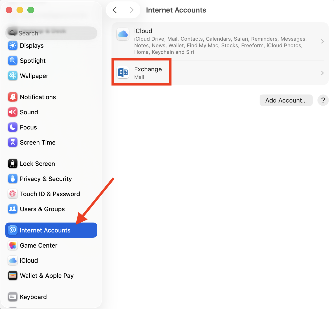 The Internet Accounts section in System Settings on Mac. To fix the Exchange password required error, try removing and re-adding your Exchange account in System Settings.