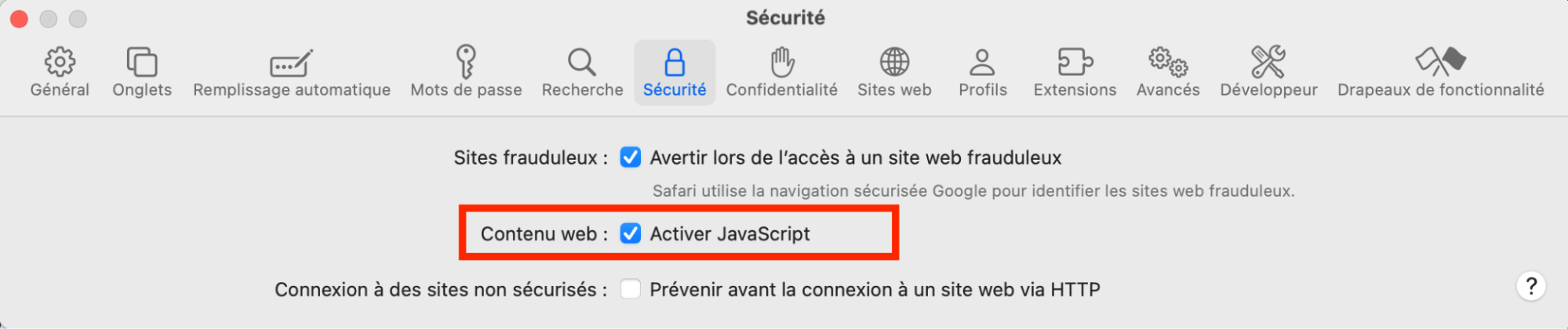Activez JavaScript dans l'onglet Sécurité.
